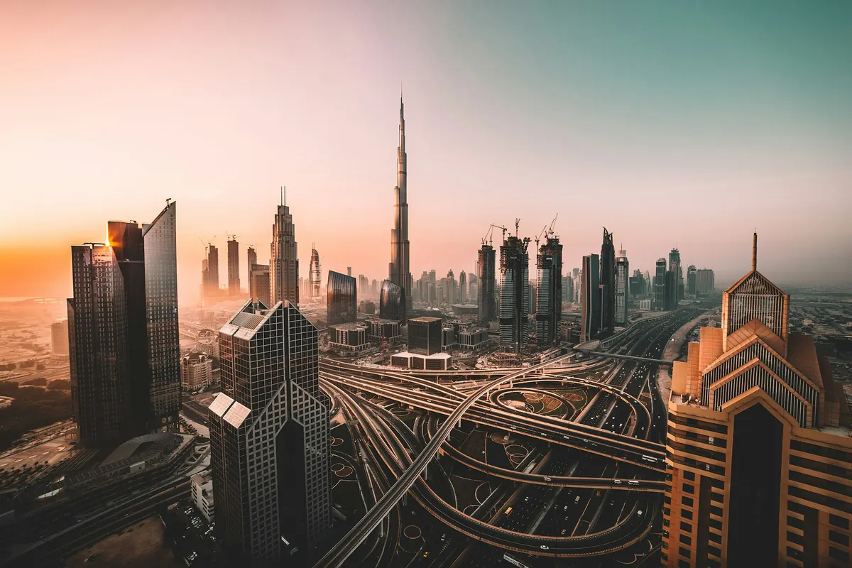 The Dubai skyline at sunrise