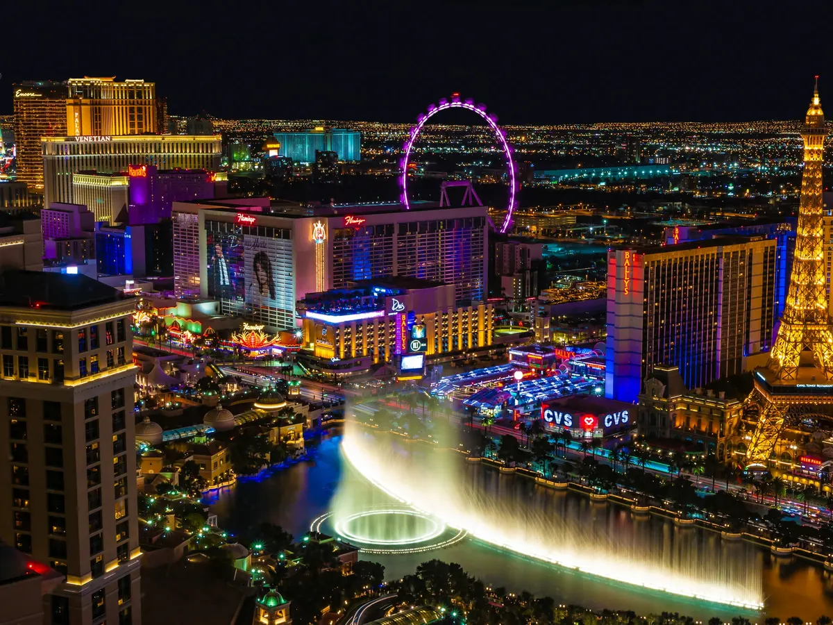The Las Vegas Strip lit up at night, seen from above